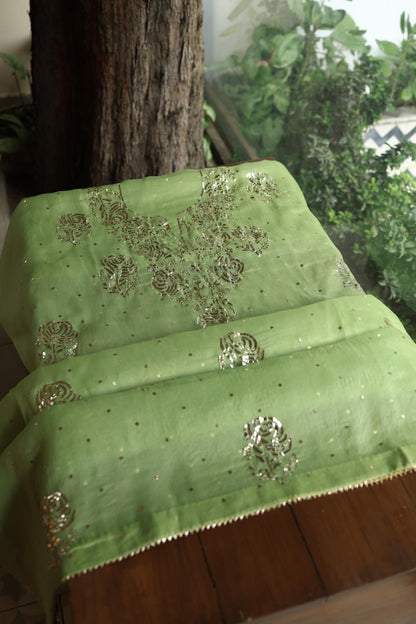 Moss Green Shade Noor Organza Silk Badla Unstitched Kurta Dupatta Set