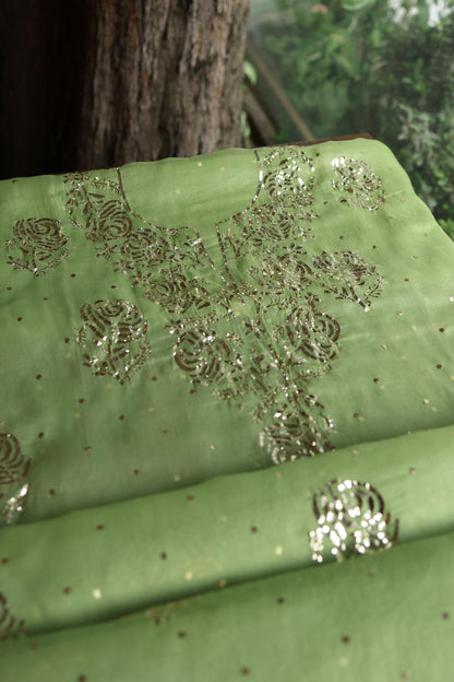 Moss Green Shade Noor Organza Silk Badla Unstitched Kurta Dupatta Set