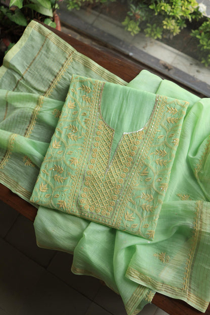 Moss Green Mal Chanderi Silk Chikankari With Sequins Unstitched Kurta Dupatta Set