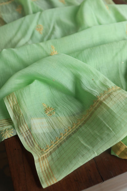 Moss Green Mal Chanderi Silk Chikankari With Sequins Unstitched Kurta Dupatta Set