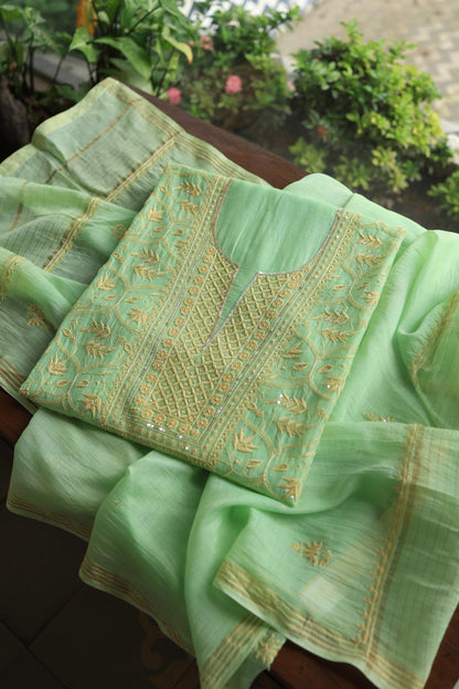 Moss Green Mal Chanderi Silk Chikankari With Sequins Unstitched Kurta Dupatta Set