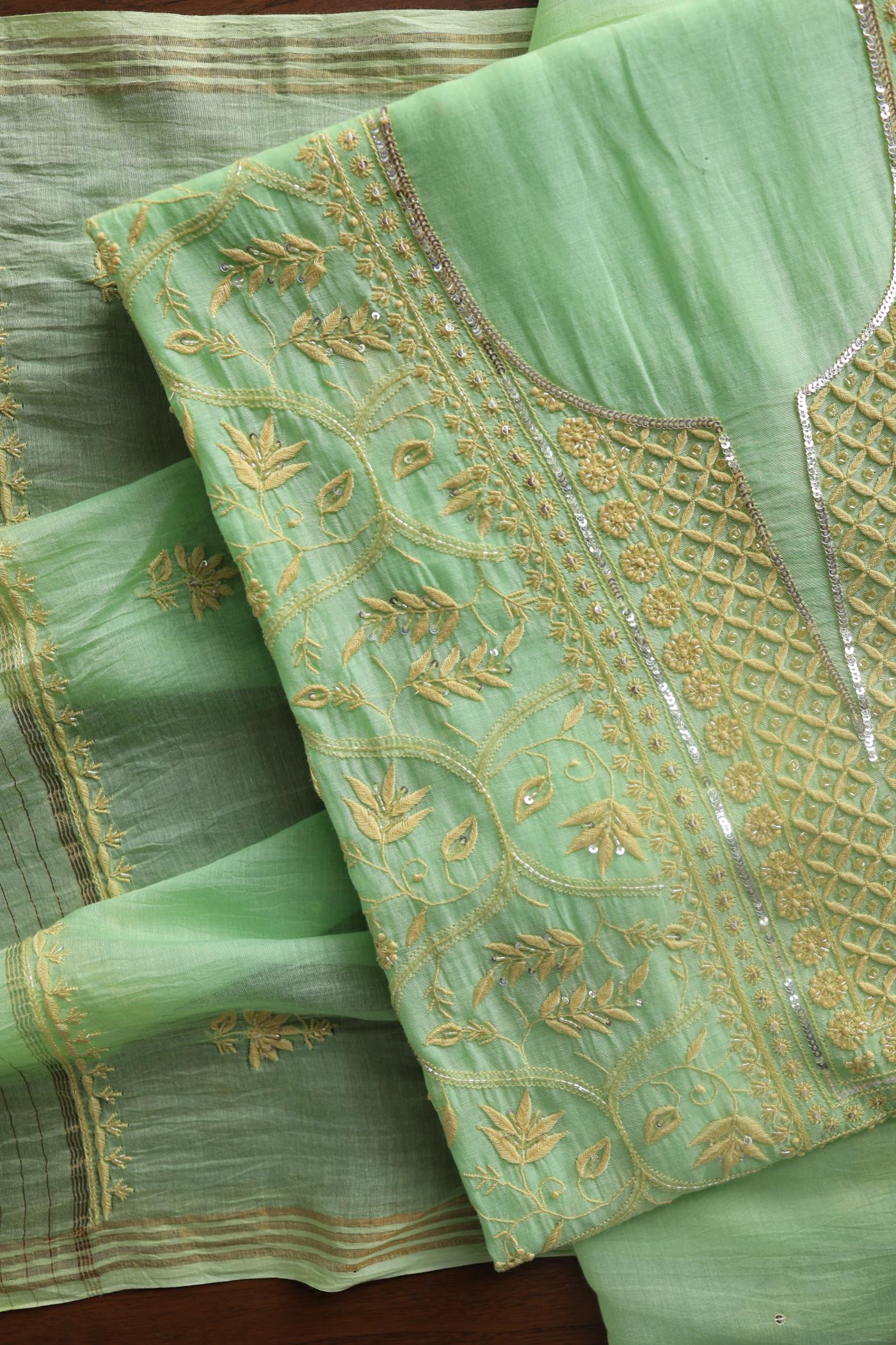 Moss Green Mal Chanderi Silk Chikankari With Sequins Unstitched Kurta Dupatta Set