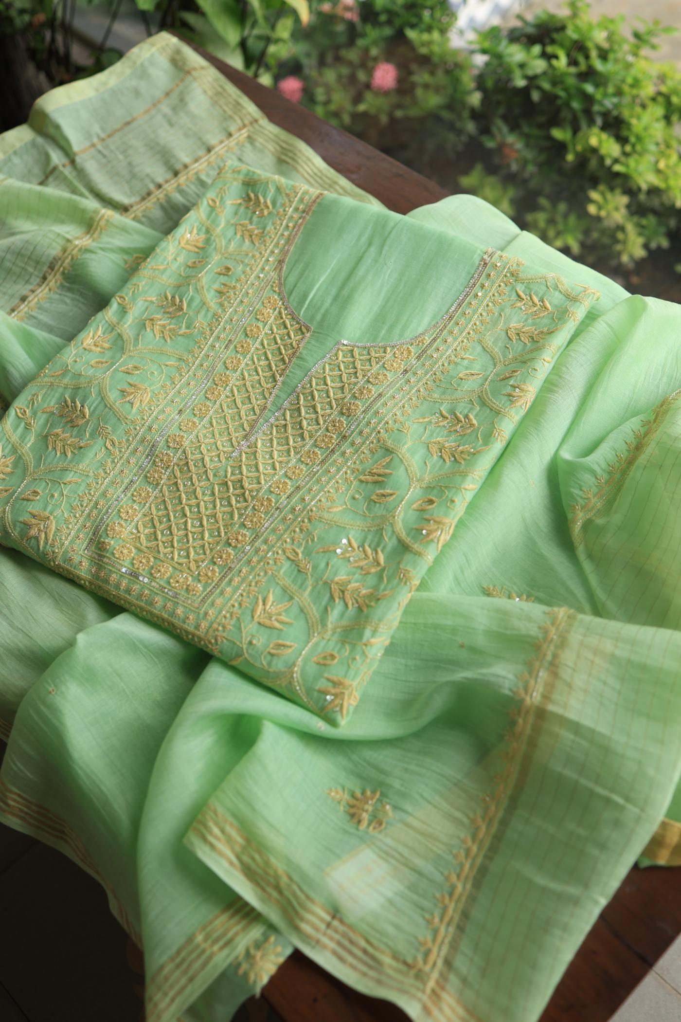 Moss Green Mal Chanderi Silk Chikankari With Sequins Unstitched Kurta Dupatta Set