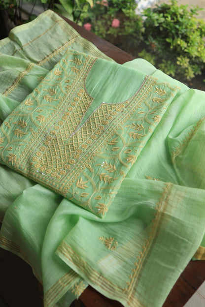 Moss Green Mal Chanderi Silk Chikankari With Sequins Unstitched Kurta Dupatta Set