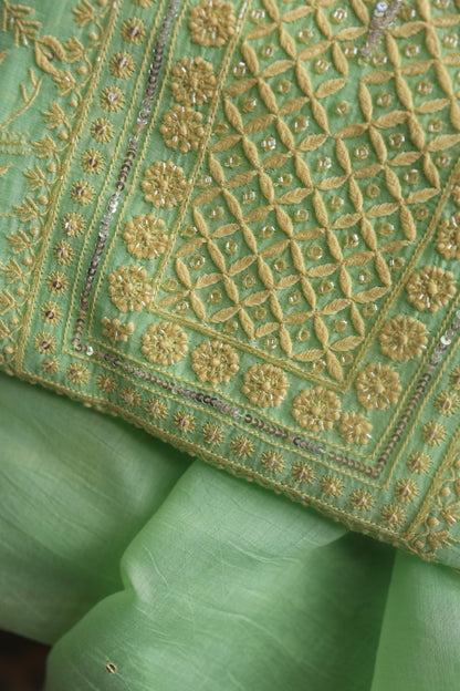 Moss Green Mal Chanderi Silk Chikankari With Sequins Unstitched Kurta Dupatta Set
