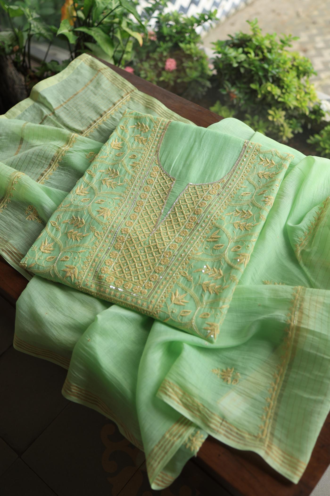 Moss Green Mal Chanderi Silk Chikankari With Sequins Unstitched Kurta Dupatta Set