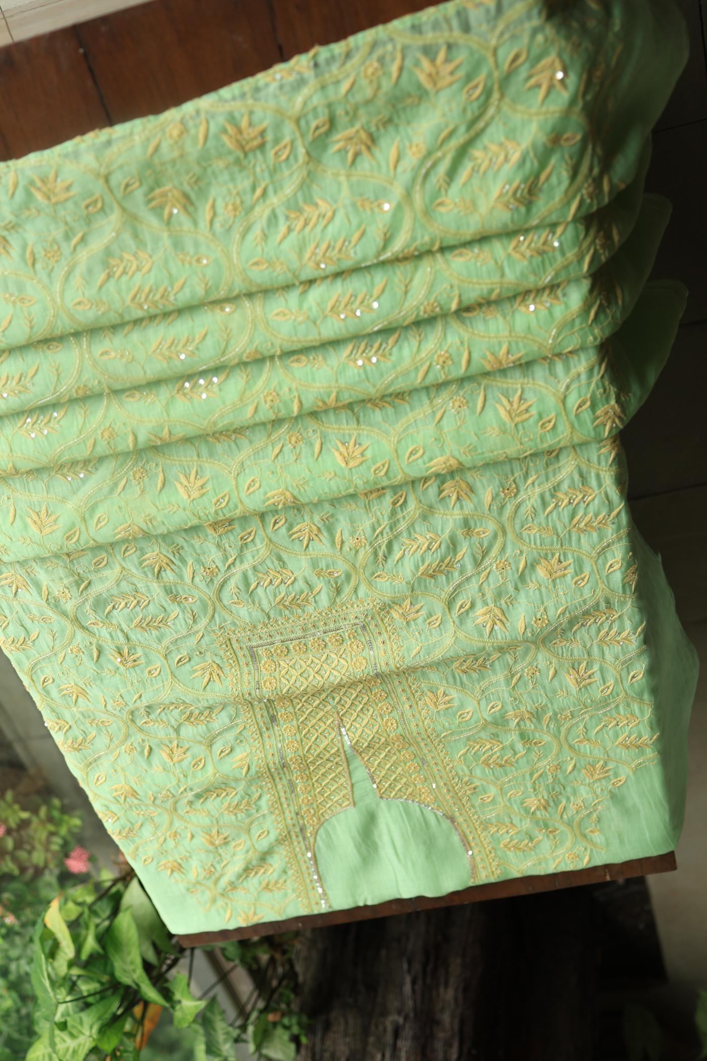 Moss Green Mal Chanderi Silk Chikankari With Sequins Unstitched Kurta Dupatta Set