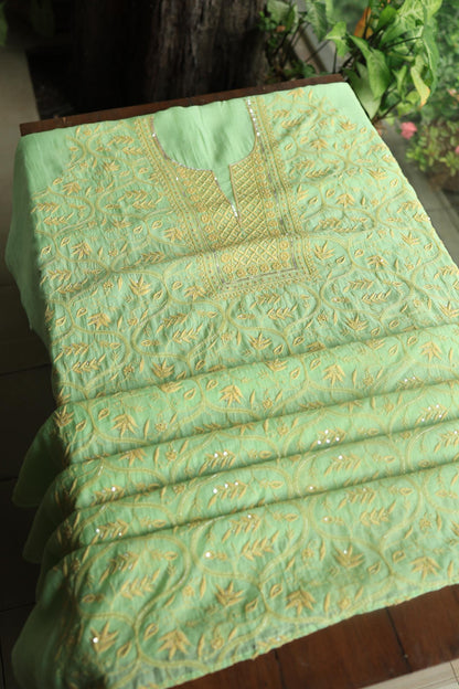 Moss Green Mal Chanderi Silk Chikankari With Sequins Unstitched Kurta Dupatta Set