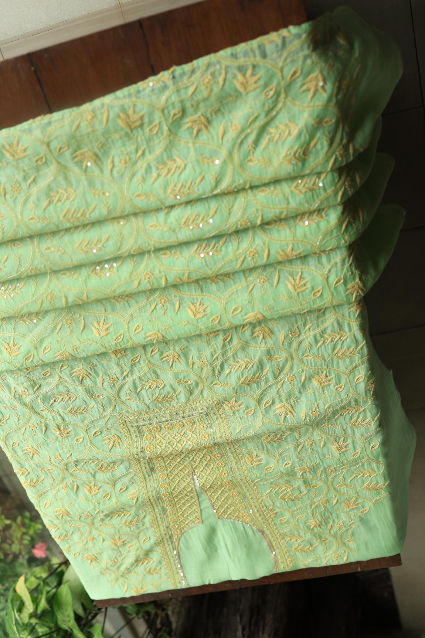 Moss Green Mal Chanderi Silk Chikankari With Sequins Unstitched Kurta Dupatta Set