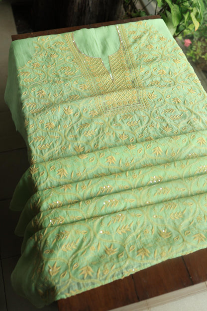 Moss Green Mal Chanderi Silk Chikankari With Sequins Unstitched Kurta Dupatta Set