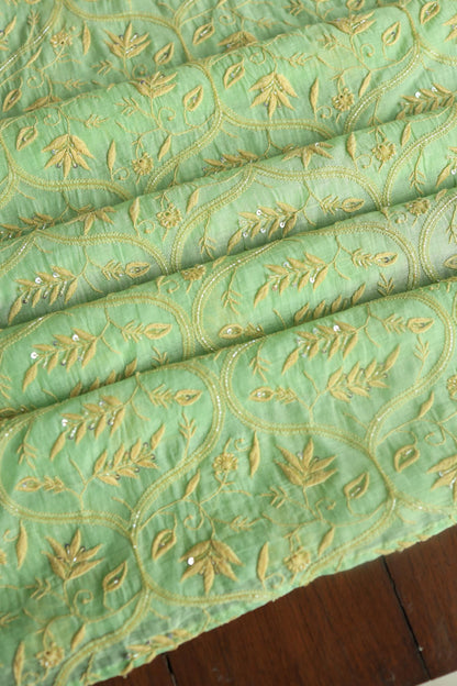 Moss Green Mal Chanderi Silk Chikankari With Sequins Unstitched Kurta Dupatta Set
