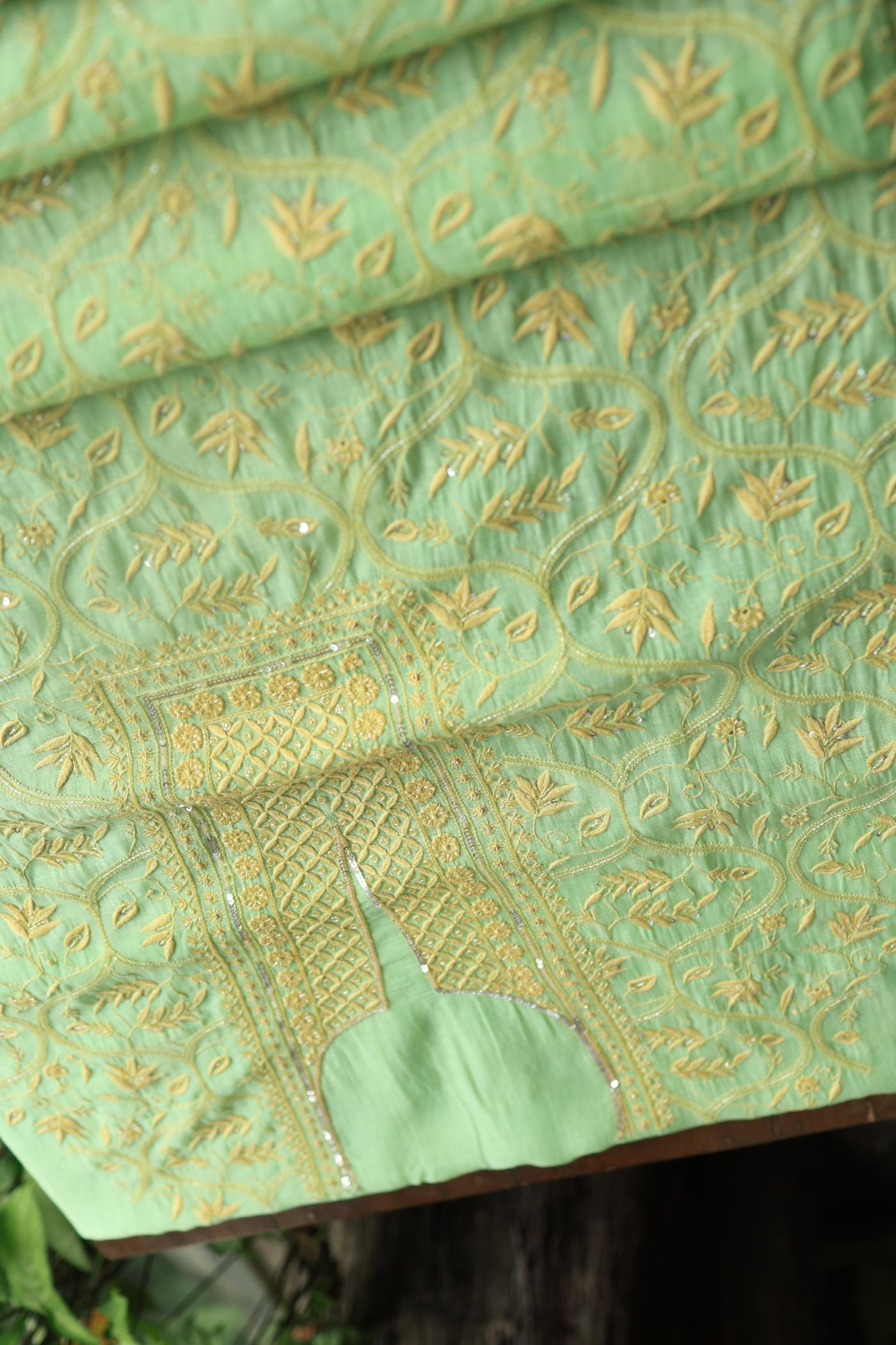 Moss Green Mal Chanderi Silk Chikankari With Sequins Unstitched Kurta Dupatta Set
