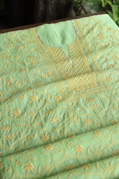 Moss Green Mal Chanderi Silk Chikankari With Sequins Unstitched Kurta Dupatta Set