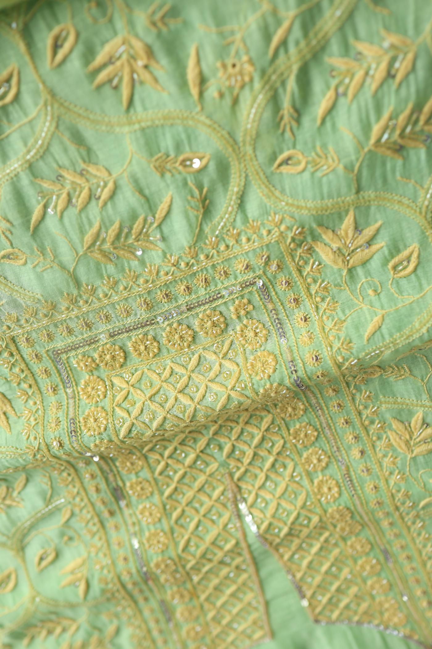 Moss Green Mal Chanderi Silk Chikankari With Sequins Unstitched Kurta Dupatta Set