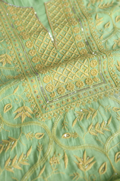Moss Green Mal Chanderi Silk Chikankari With Sequins Unstitched Kurta Dupatta Set