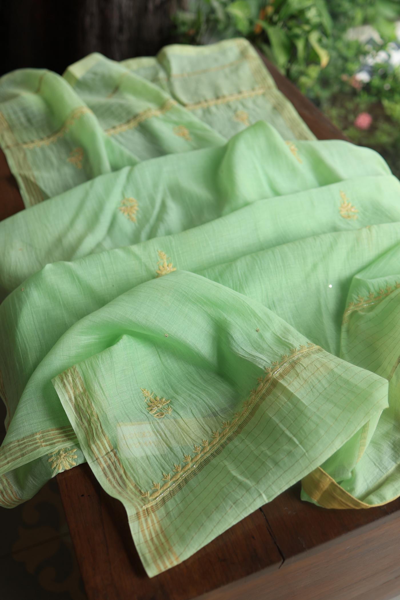 Moss Green Mal Chanderi Silk Chikankari With Sequins Unstitched Kurta Dupatta Set