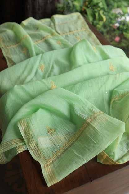 Moss Green Mal Chanderi Silk Chikankari With Sequins Unstitched Kurta Dupatta Set