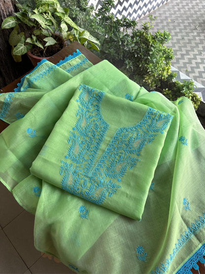 Moss Green Shade Kota Chikankari Unstitched Fabrics