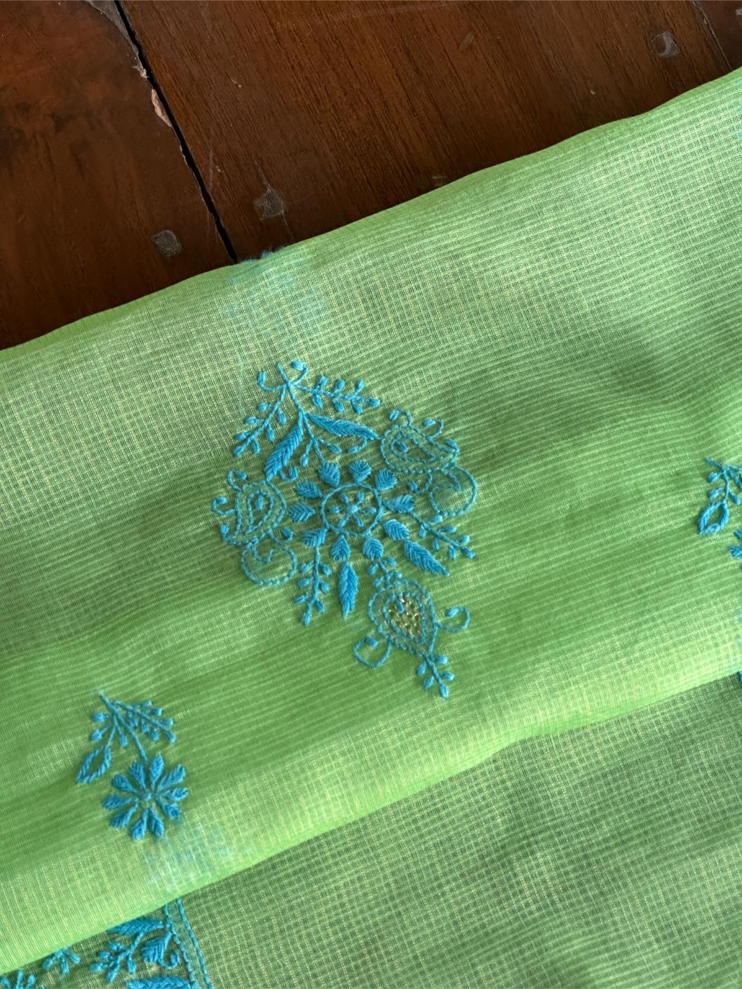 Moss Green Shade Kota Chikankari Unstitched Fabrics