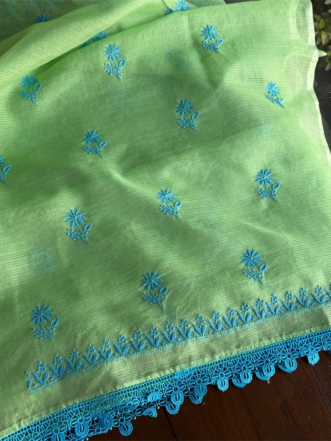 Moss Green Shade Kota Chikankari Unstitched Fabrics