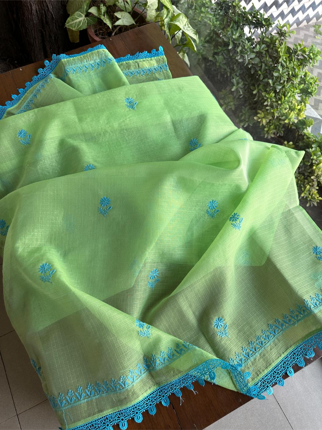 Moss Green Shade Kota Chikankari Unstitched Fabrics