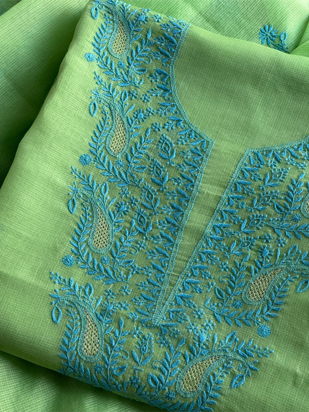 Moss Green Shade Kota Chikankari Unstitched Fabrics