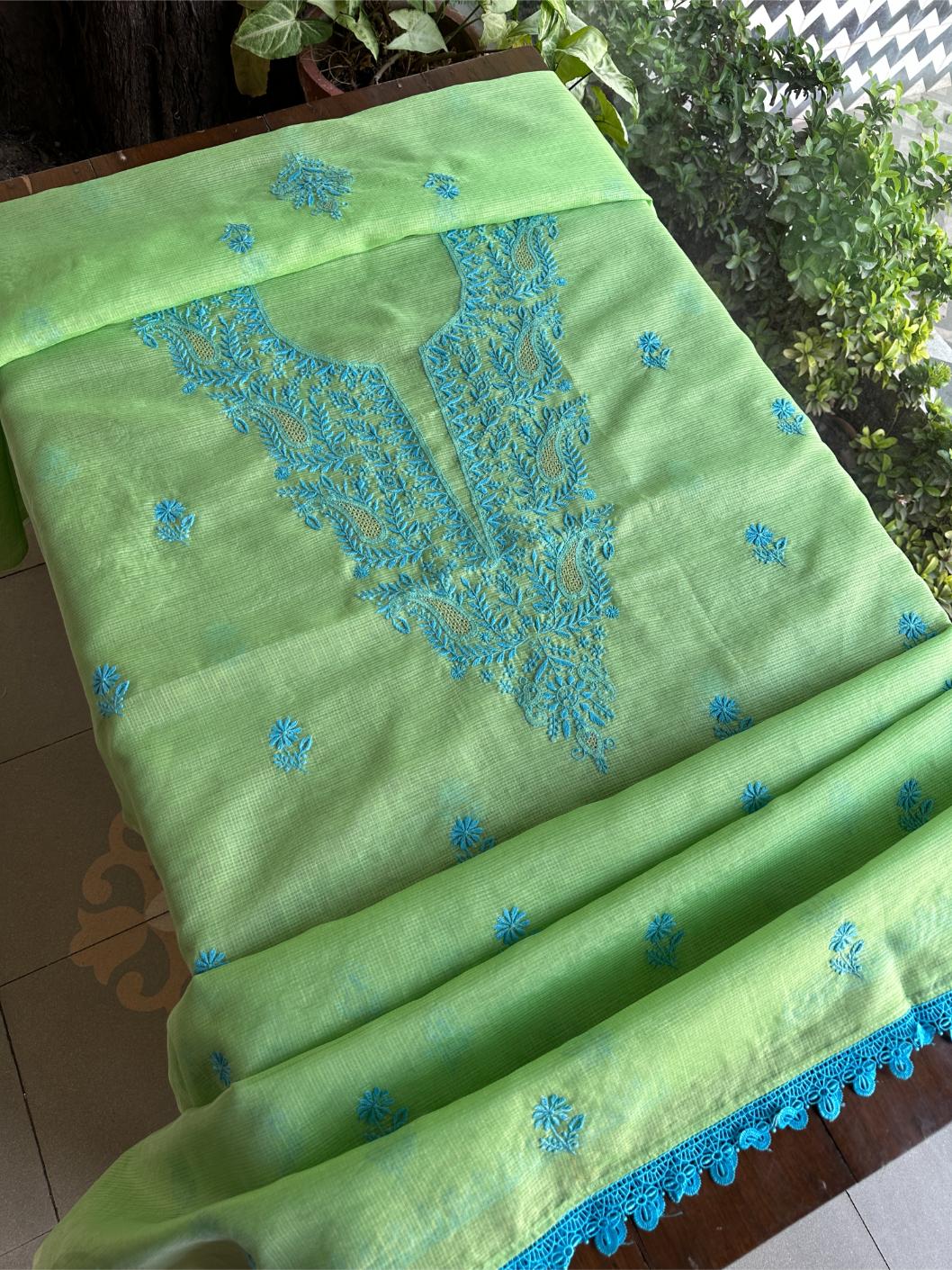 Moss Green Shade Kota Chikankari Unstitched Fabrics