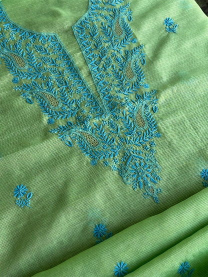 Moss Green Shade Kota Chikankari Unstitched Fabrics
