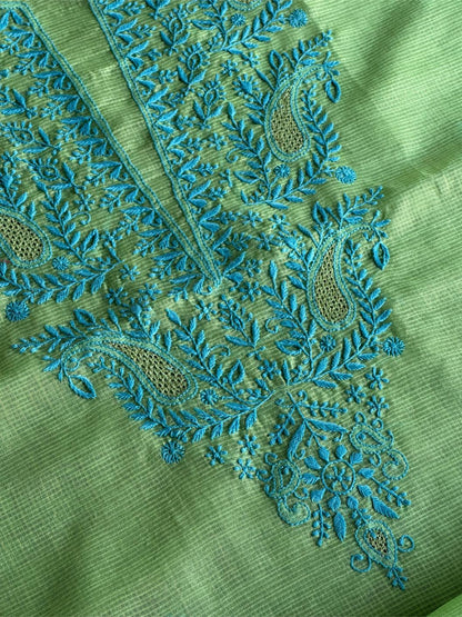 Moss Green Shade Kota Chikankari Unstitched Fabrics