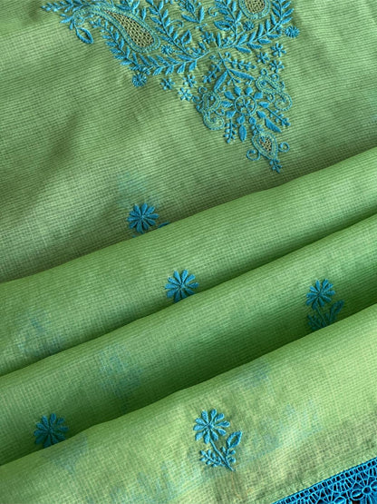 Moss Green Shade Kota Chikankari Unstitched Fabrics