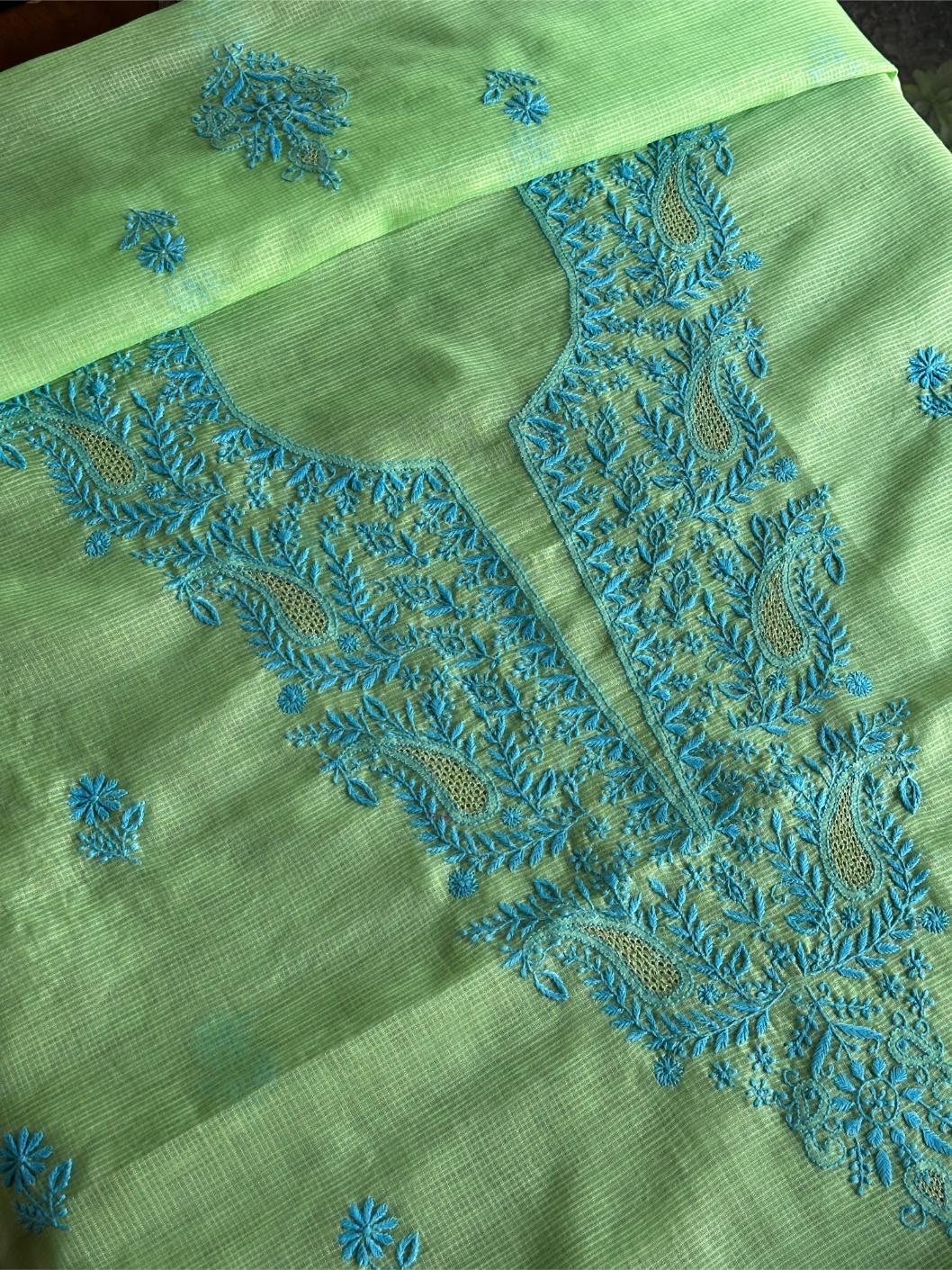 Moss Green Shade Kota Chikankari Unstitched Fabrics