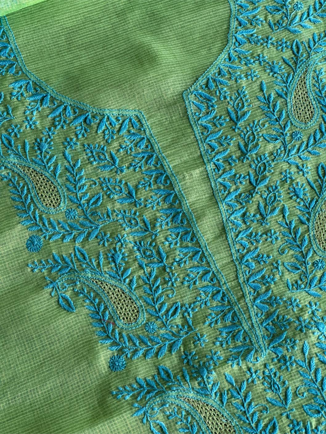 Moss Green Shade Kota Chikankari Unstitched Fabrics