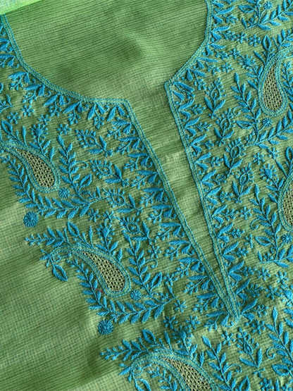 Moss Green Shade Kota Chikankari Unstitched Fabrics