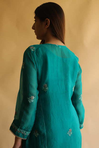 Teal Green Noor Organza Silk Chikankari With Mukaish Kamdani Work Kurta Dupatta Set