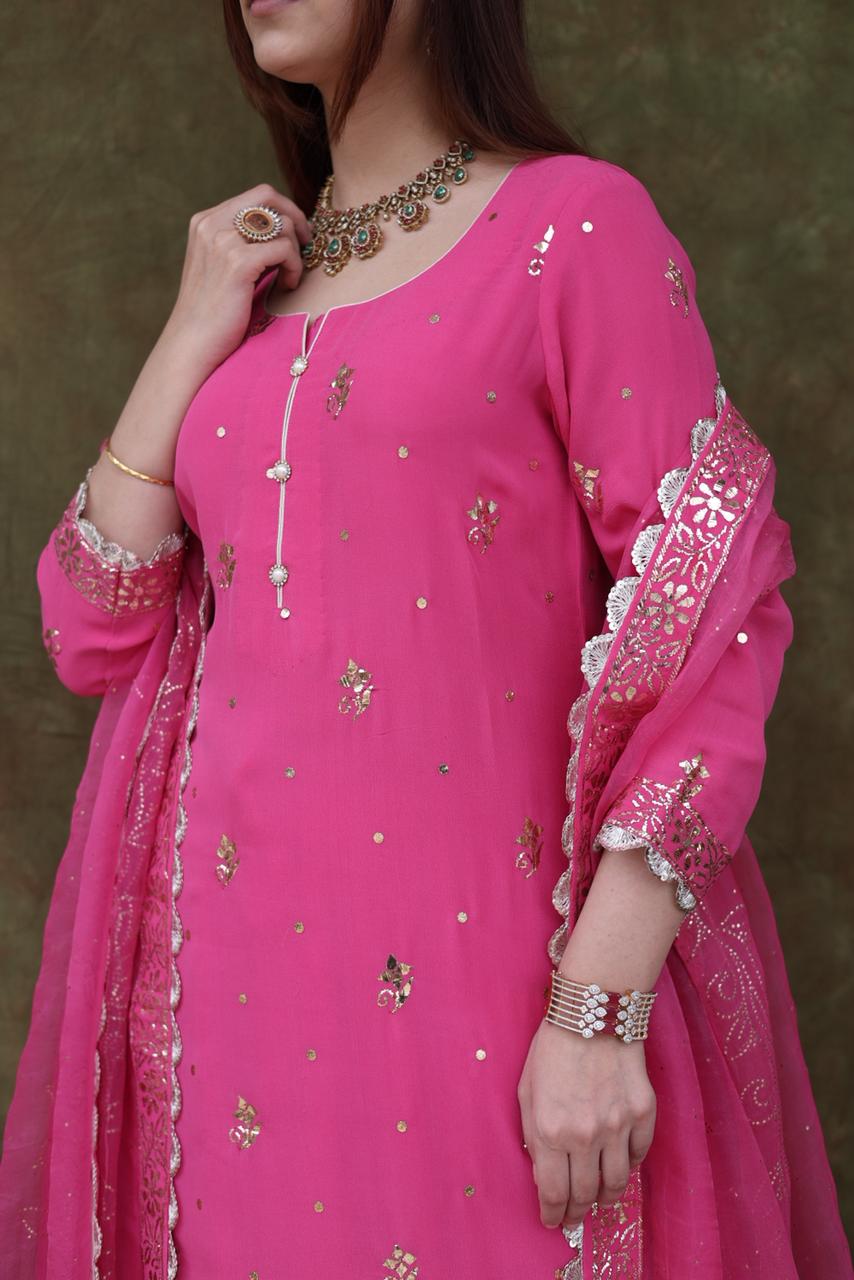 Mukaish Kamdani Rani Pink Pure Georgette Kurta Gharara Set with Organza Dupatta
