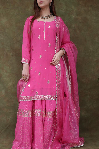 Mukaish Kamdani Rani Pink Pure Georgette Kurta Gharara Set with Organza Dupatta