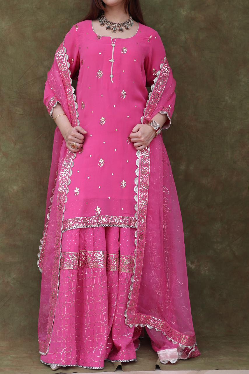 Mukaish Kamdani Rani Pink Pure Georgette Kurta Gharara Set with Organza Dupatta