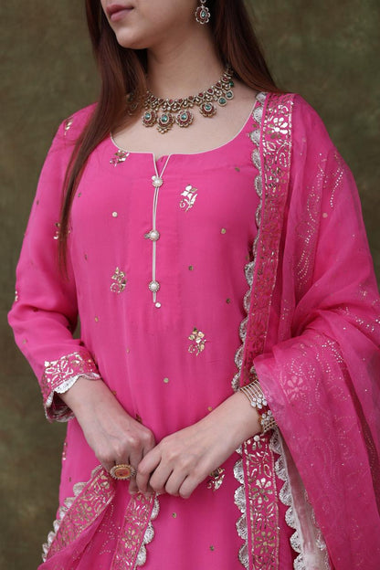 Mukaish Kamdani Rani Pink Pure Georgette Kurta Gharara Set with Organza Dupatta