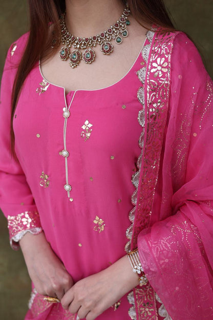Mukaish Kamdani Rani Pink Pure Georgette Kurta Gharara Set with Organza Dupatta