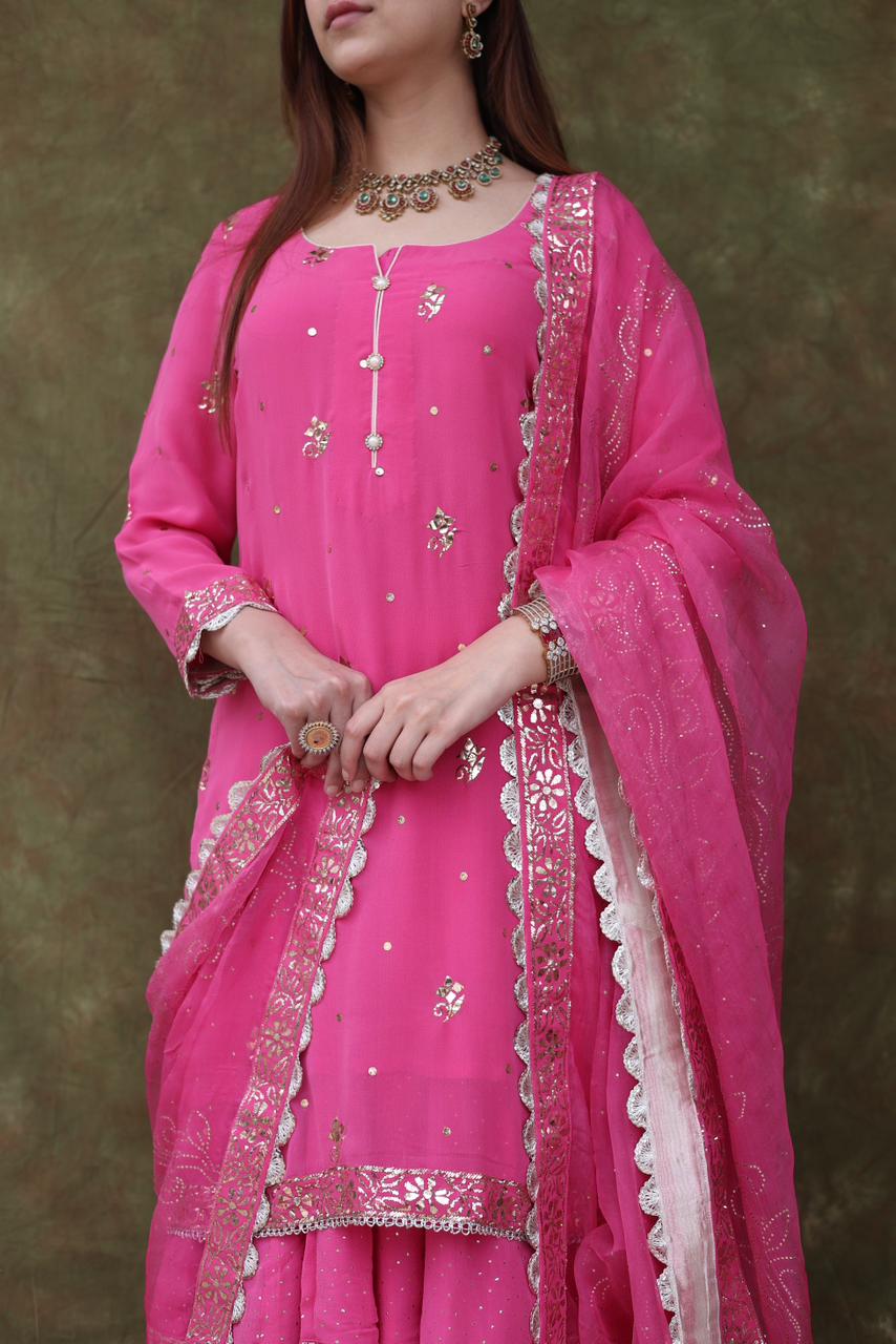Mukaish Kamdani Rani Pink Pure Georgette Kurta Gharara Set with Organza Dupatta