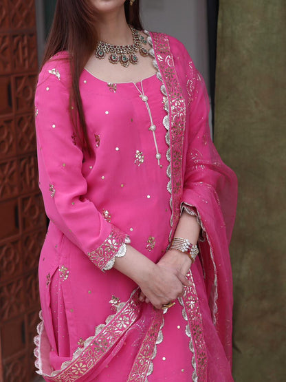 Mukaish Kamdani Rani Pink Pure Georgette Kurta Gharara Set with Organza Dupatta