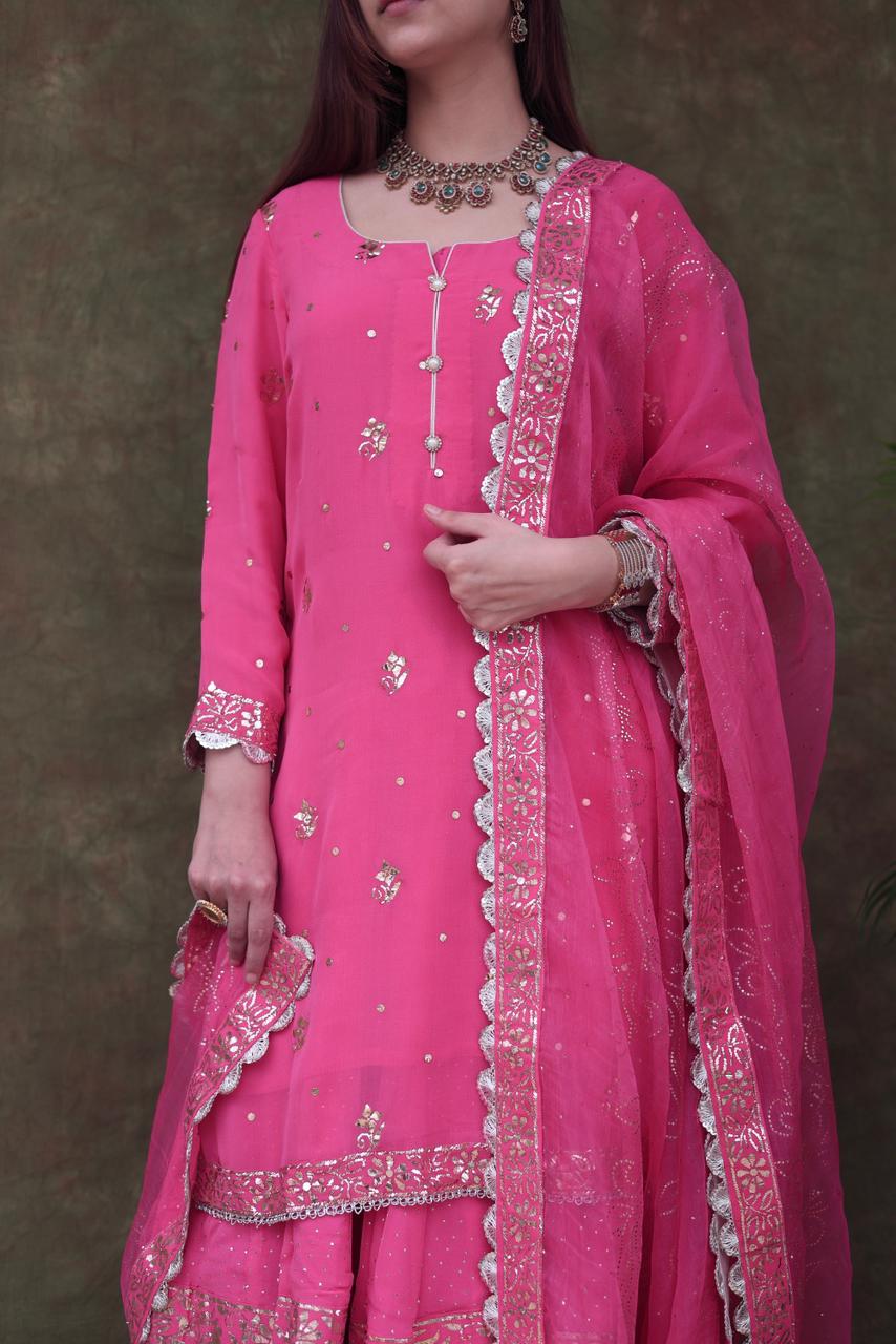 Mukaish Kamdani Rani Pink Pure Georgette Kurta Gharara Set with Organza Dupatta