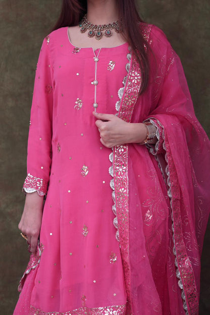 Mukaish Kamdani Rani Pink Pure Georgette Kurta Gharara Set with Organza Dupatta