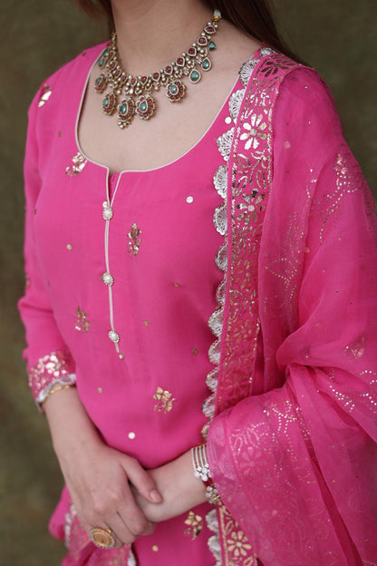 Mukaish Kamdani Rani Pink Pure Georgette Kurta Gharara Set with Organza Dupatta