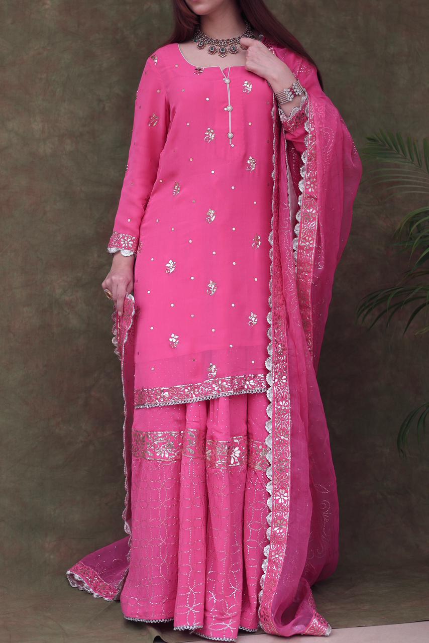 Mukaish Kamdani Rani Pink Pure Georgette Kurta Gharara Set with Organza Dupatta