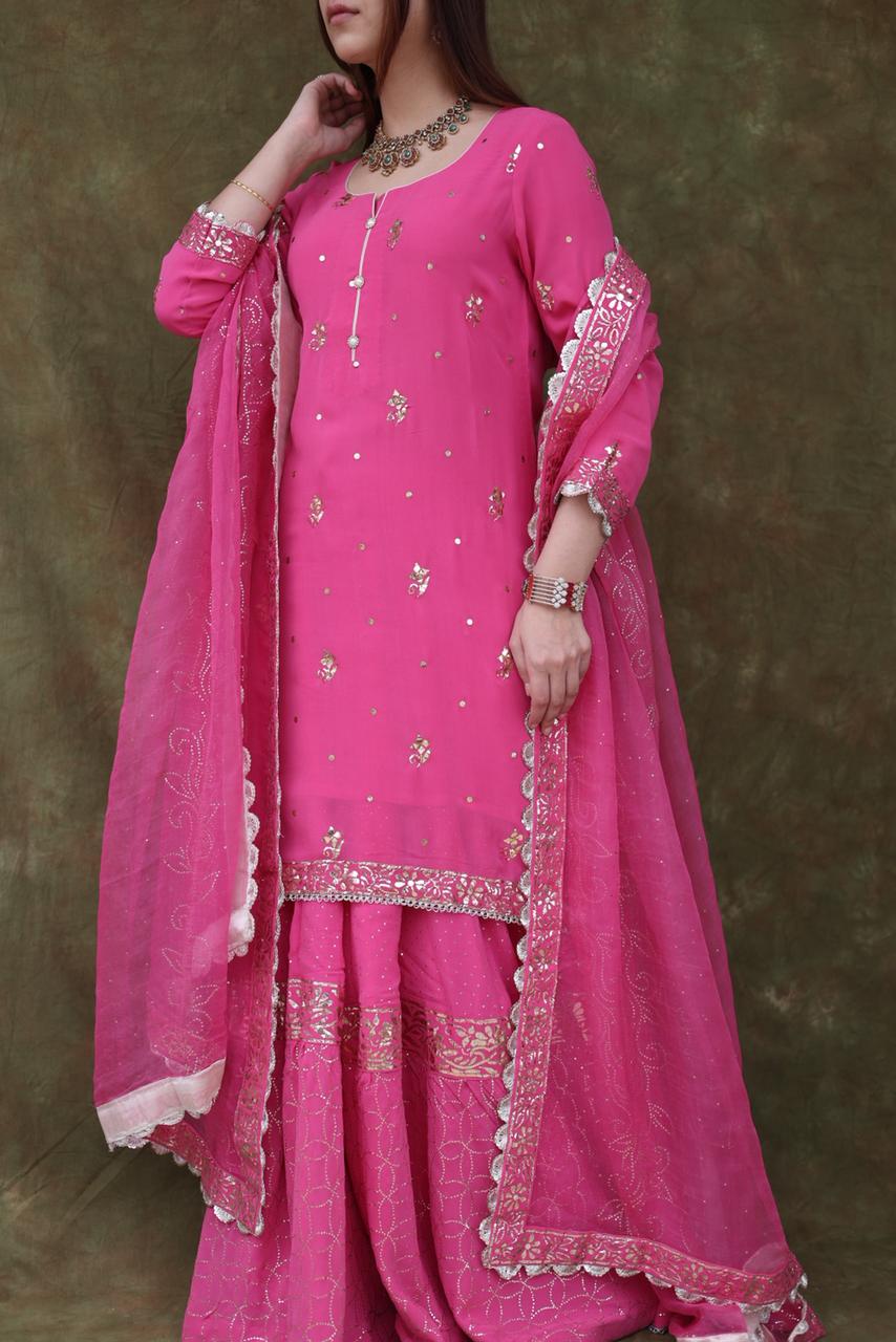 Mukaish Kamdani Rani Pink Pure Georgette Kurta Gharara Set with Organza Dupatta