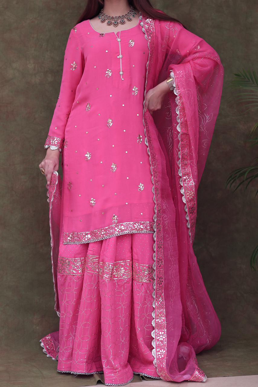 Mukaish Kamdani Rani Pink Pure Georgette Kurta Gharara Set with Organza Dupatta