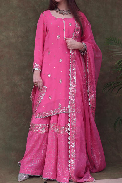 Mukaish Kamdani Rani Pink Pure Georgette Kurta Gharara Set with Organza Dupatta