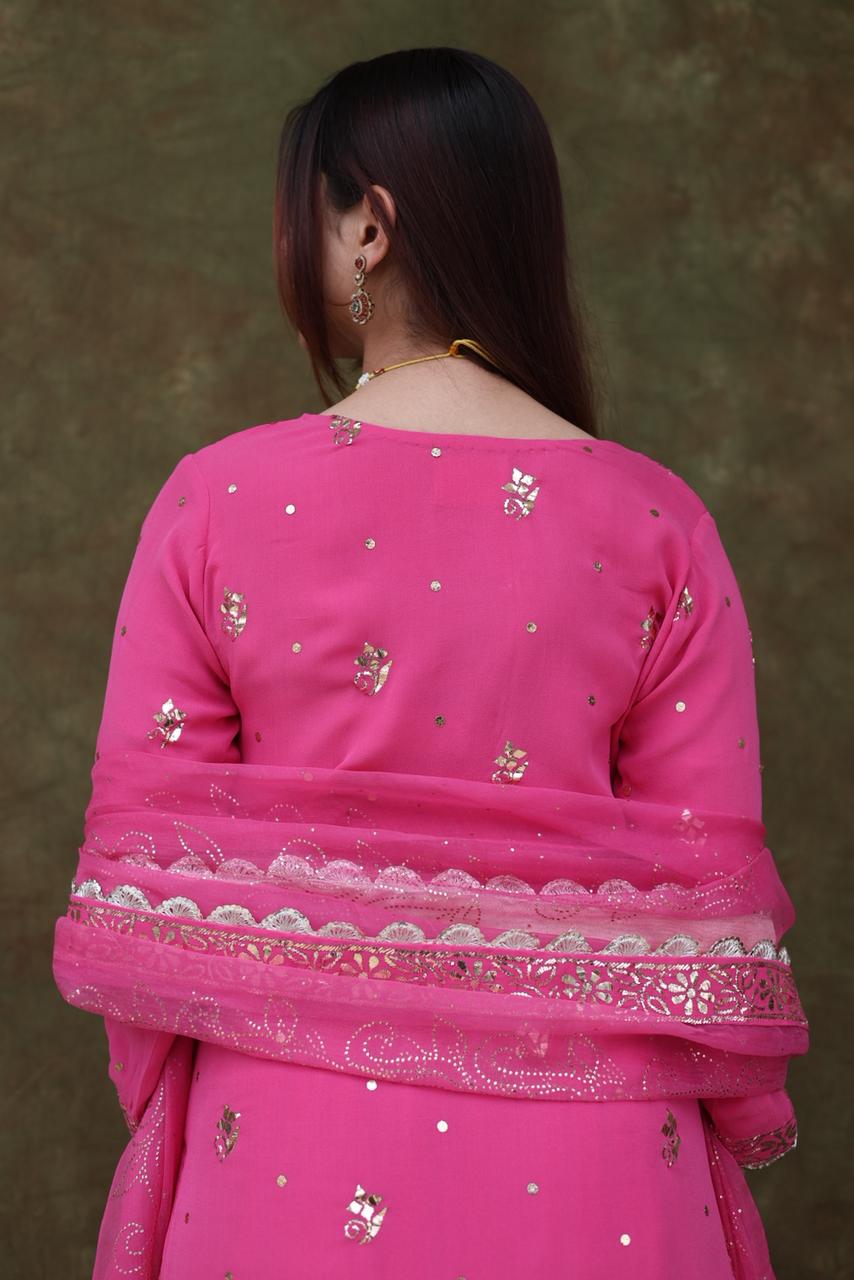 Mukaish Kamdani Rani Pink Pure Georgette Kurta Gharara Set with Organza Dupatta