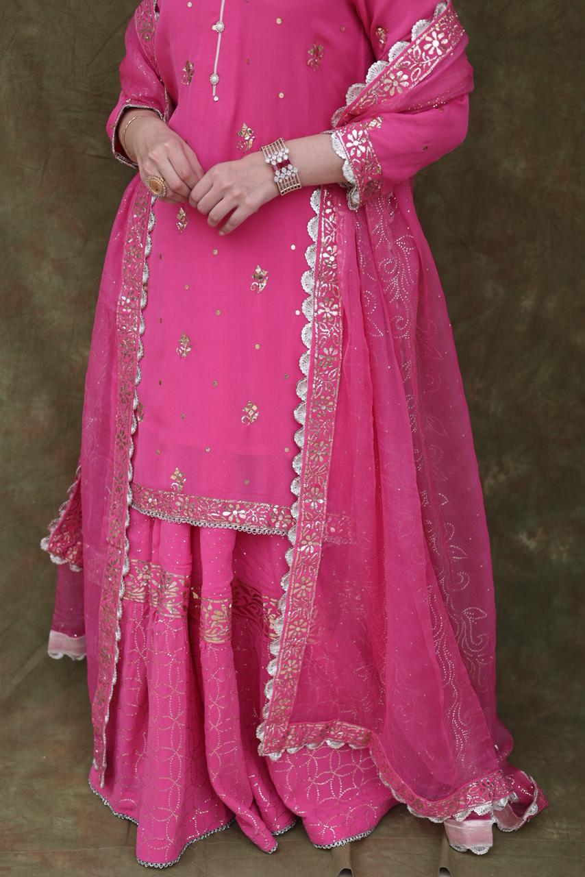 Mukaish Kamdani Rani Pink Pure Georgette Kurta Gharara Set with Organza Dupatta